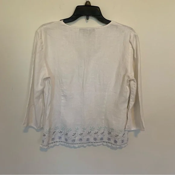 Cynthia Howie Boutique Dainty Beaded Linen White Embroidered Women's Top Sz 8 - Picture 9 of 11